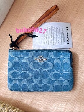 NWT❣️Coach Corner Zip Wristlet in Signature Denim Wallet Card Holder Case Blue